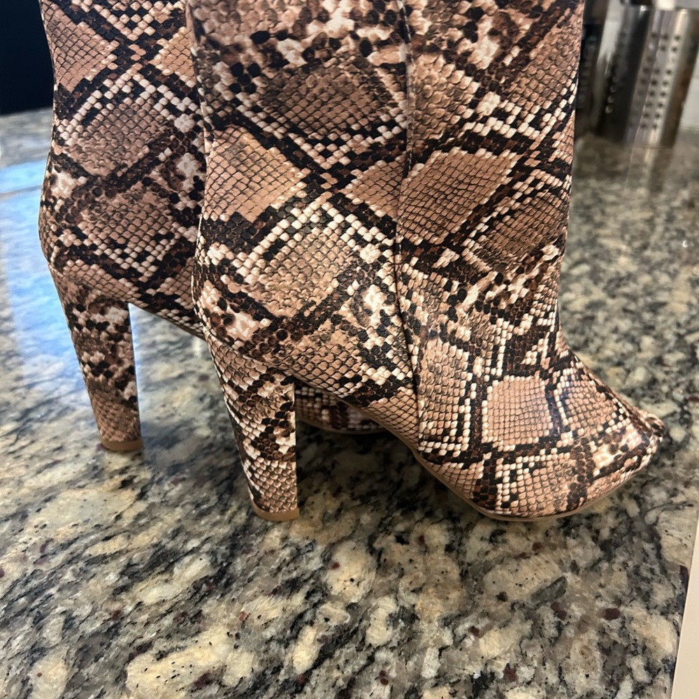 Fashion Nova Brown and Black Heeled Boots Snakeskin Pattern